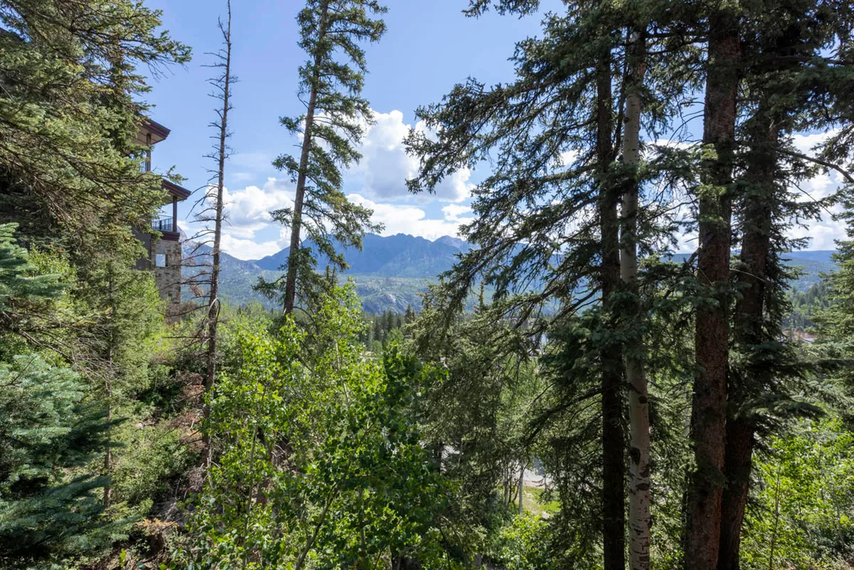The image showcases an expansive view from the condo's balcony, with tall evergreen trees framing a breathtaking mountain range under a clear blue sky dotted with clouds. The scene exudes tranquility and natural beauty, inviting guests to relax and soak in the stunning surroundings.