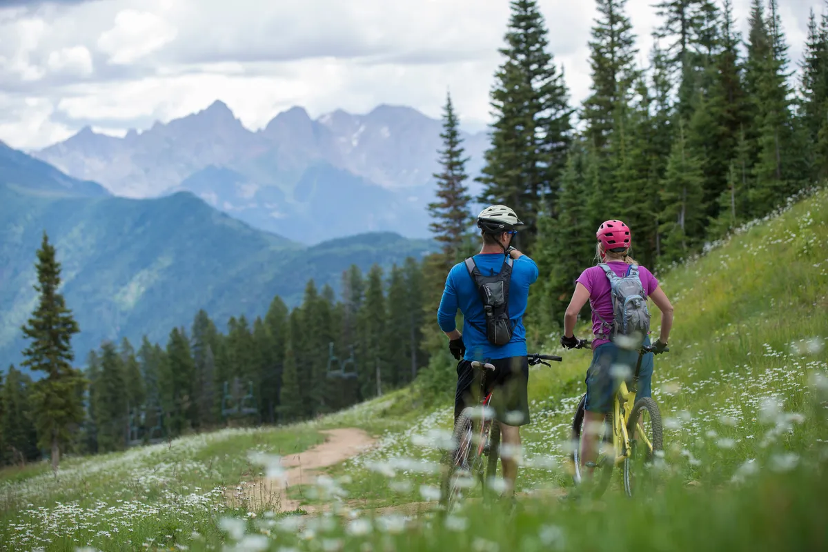 This exterior shot features two mountain bikers pausing on a vibrant green trail surrounded by wildflowers, with a dense pine forest and a breathtaking mountain range in the background. The scene captures the thrill of outdoor adventure and the natural beauty of the area, highlighting the opportunities for hiking, biking, and immersing oneself in the local landscape.